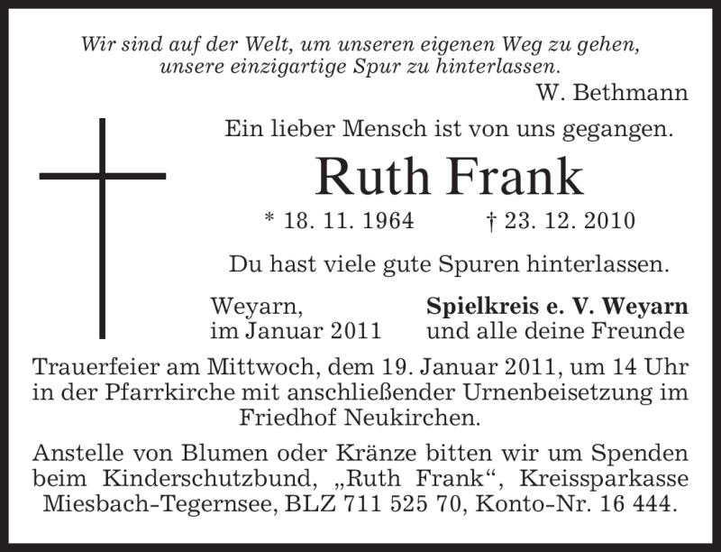  Traueranzeige für Ruth Frank vom 08.01.2011 aus MERKUR & TZ