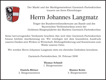 Traueranzeige von Johannes Langmatz von MERKUR & TZ