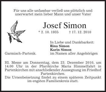 Traueranzeige von Josef Simon von MERKUR & TZ