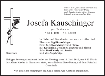 Traueranzeige von Josefa Kauschinger von MERKUR & TZ