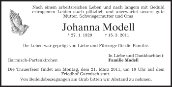 Traueranzeige von Johanna Modell von MERKUR & TZ