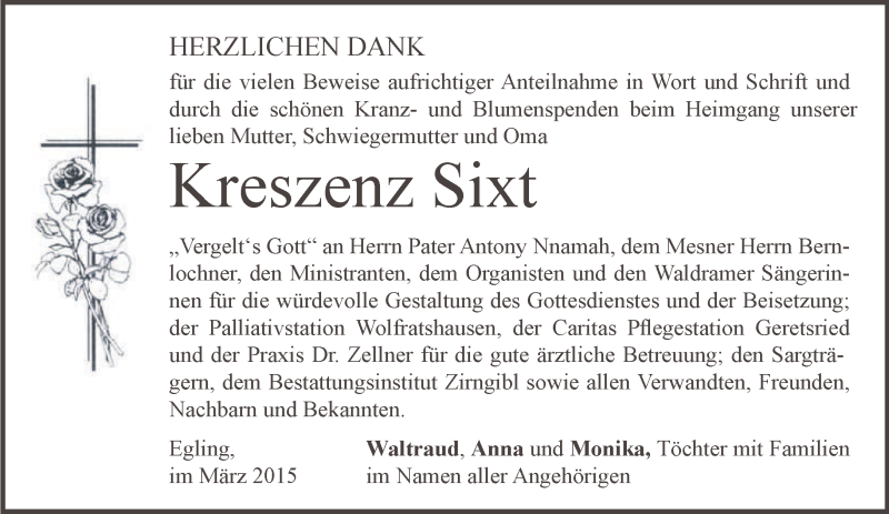  Traueranzeige für Kreszenz Sixt vom 07.03.2015 aus merkurtz