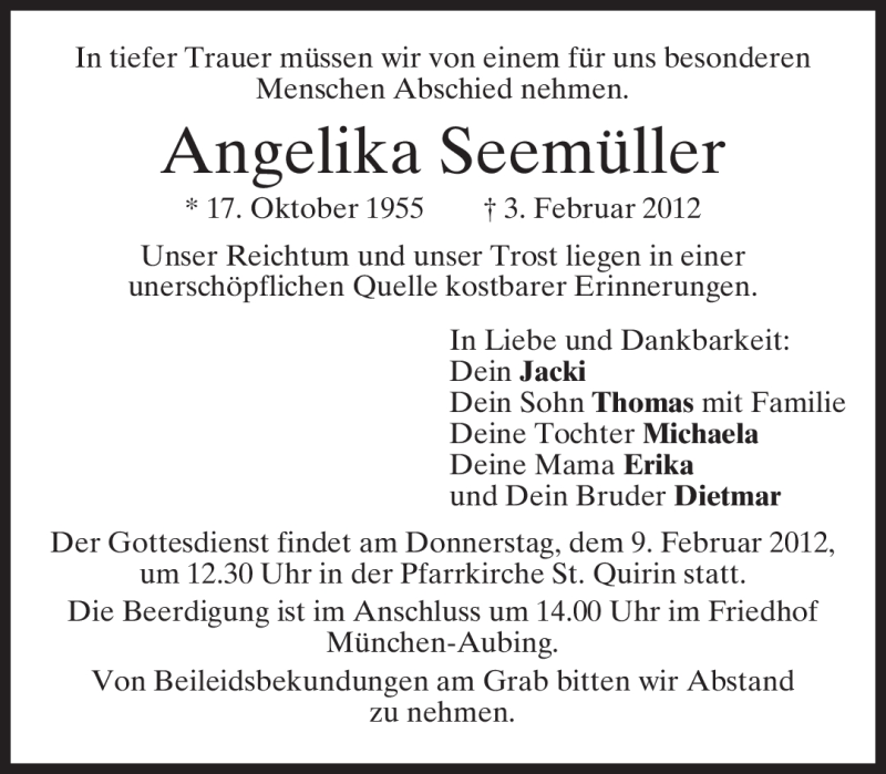  Traueranzeige für Angelika Seemüller vom 07.02.2012 aus MERKUR & TZ