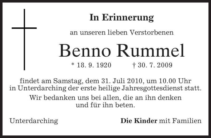  Traueranzeige für Benno Rummel vom 29.07.2010 aus MERKUR & TZ