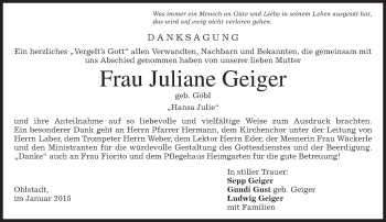 Traueranzeige von Juliane Geiger von merkurtz