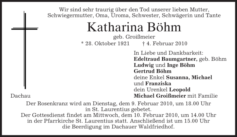 Traueranzeige für Katharina Böhm vom 08.02.2010 aus MERKUR & TZ