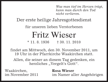 Traueranzeige von Fritz Wieser von MERKUR & TZ