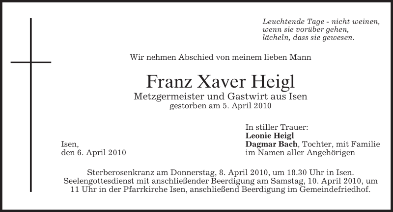  Traueranzeige für Franz Xaver Heigl vom 07.04.2010 aus MERKUR & TZ