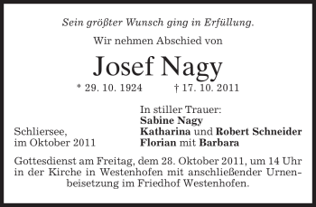 Traueranzeige von Josef Nagy von MERKUR & TZ