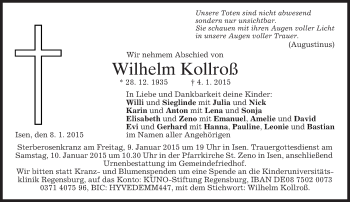 Traueranzeige von Wilhelm Kollroß von merkurtz