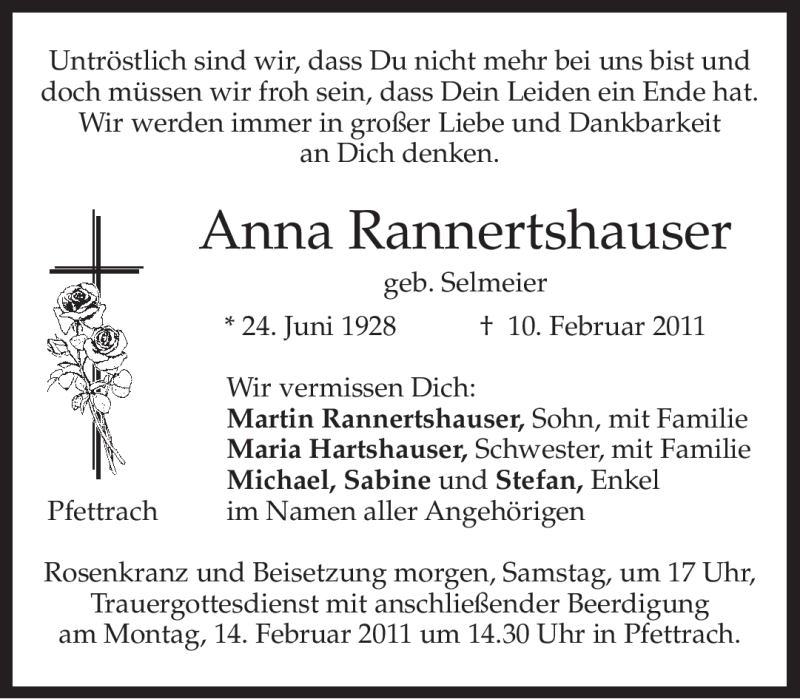  Traueranzeige für Anna Rannertshauser vom 11.02.2011 aus MERKUR & TZ