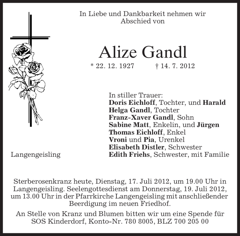  Traueranzeige für Alize Gandl vom 17.07.2012 aus MERKUR & TZ
