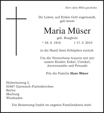 Traueranzeige von Maria Müser von MERKUR & TZ