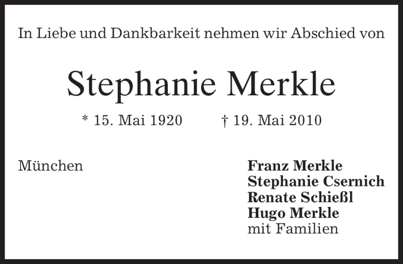  Traueranzeige für Stephanie Merkle vom 22.05.2010 aus MERKUR & TZ