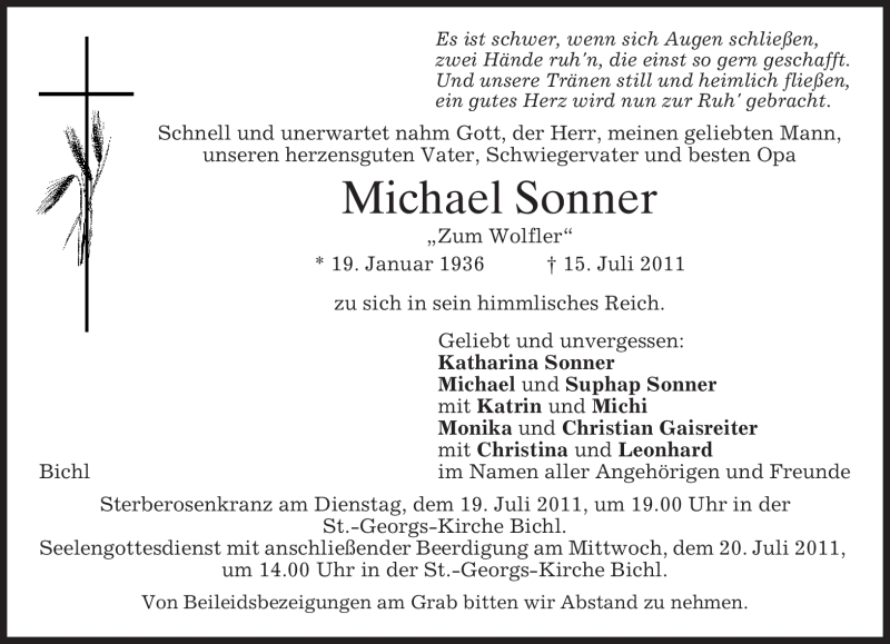  Traueranzeige für Michael Sonner vom 18.07.2011 aus MERKUR & TZ