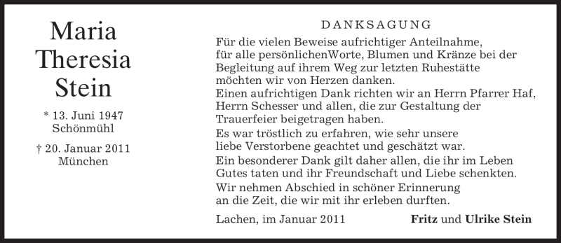  Traueranzeige für Maria Theresia Stein vom 29.01.2011 aus MERKUR & TZ