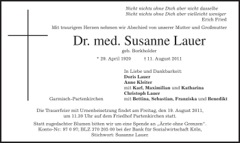 Traueranzeige von Susanne Lauer von MERKUR & TZ