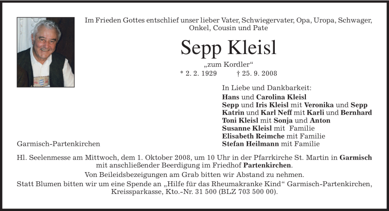  Traueranzeige für Sepp Kleisl vom 29.09.2008 aus MERKUR & TZ