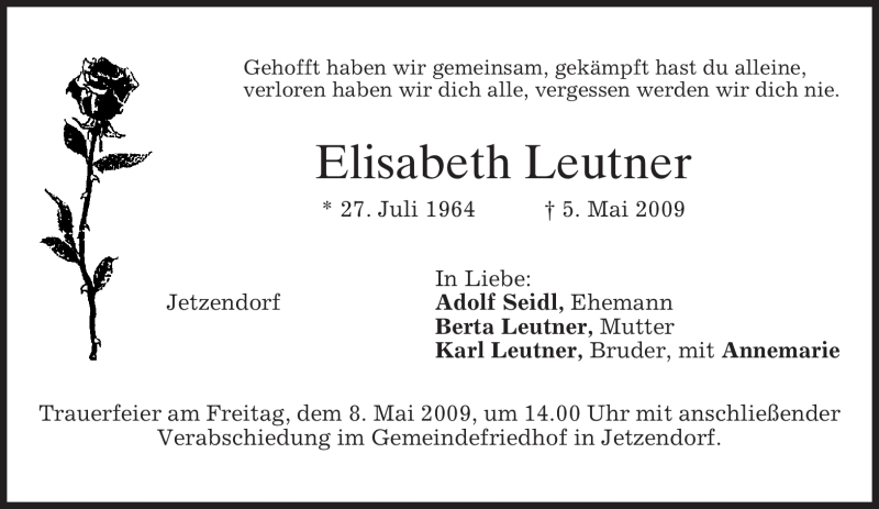  Traueranzeige für Elisabeth Leutner vom 07.05.2009 aus MERKUR & TZ