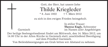 Traueranzeige von Thilde Kriegleder von MERKUR & TZ