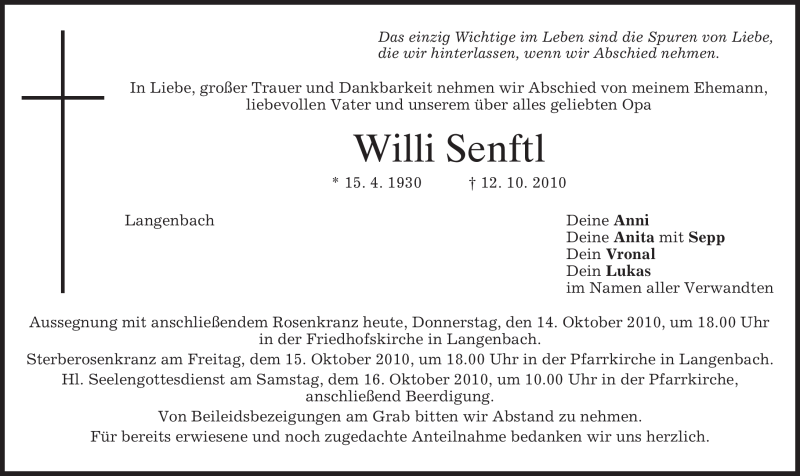  Traueranzeige für Willi Senftl vom 14.10.2010 aus MERKUR & TZ
