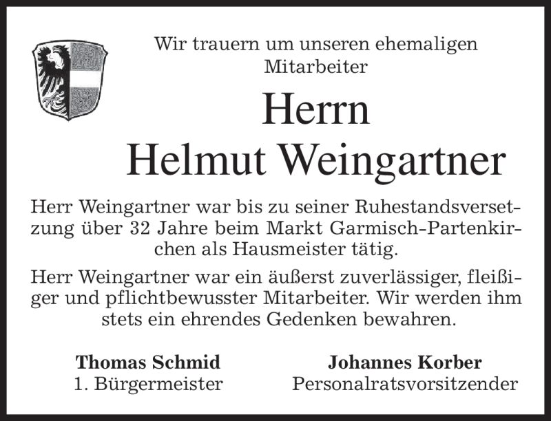  Traueranzeige für Helmut Weingartner vom 05.04.2012 aus MERKUR & TZ