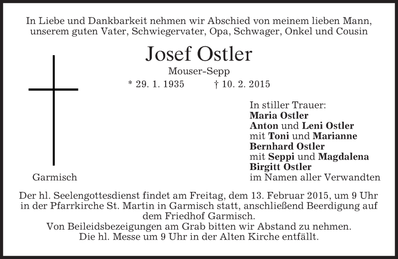  Traueranzeige für Josef Ostler vom 12.02.2015 aus merkurtz