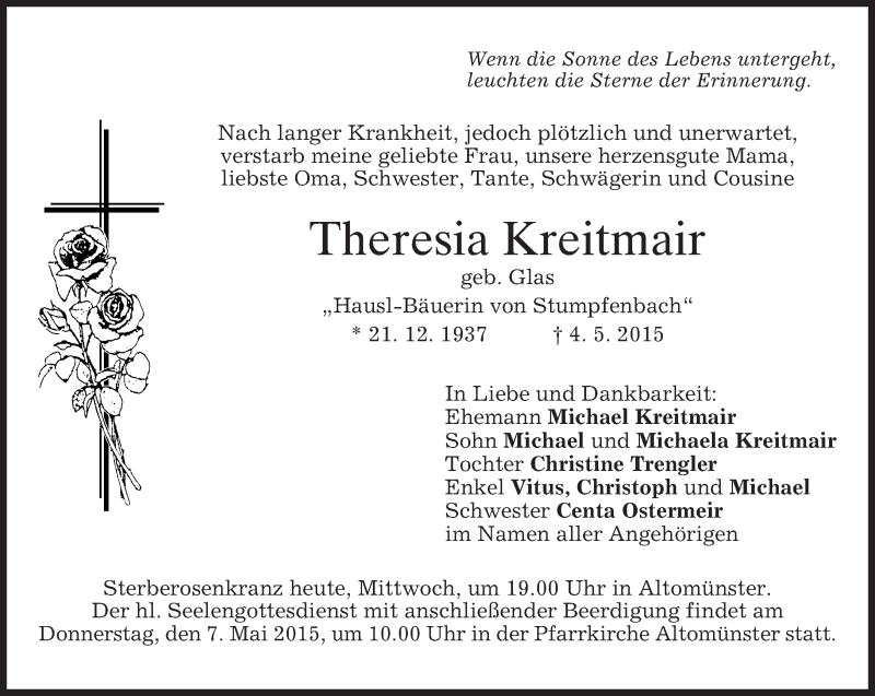  Traueranzeige für Theresia Kreitmair vom 06.05.2015 aus merkurtz