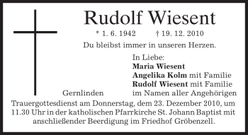 Traueranzeige von Rudolf Wiesent von MERKUR & TZ