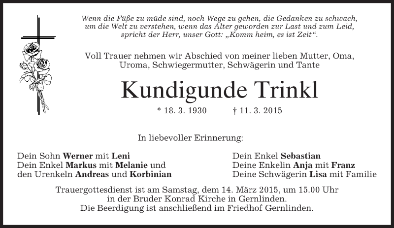  Traueranzeige für Kundigunde Trinkl vom 13.03.2015 aus merkurtz