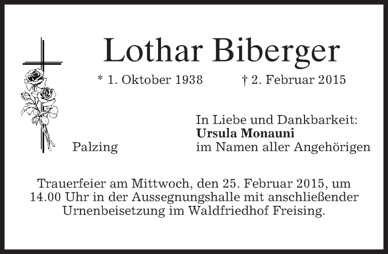  Traueranzeige für Lothar Biberger vom 21.02.2015 aus merkurtz