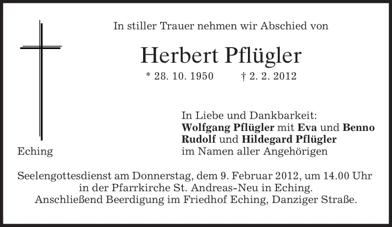  Traueranzeige für Herbert Pflügler vom 07.02.2012 aus MERKUR & TZ