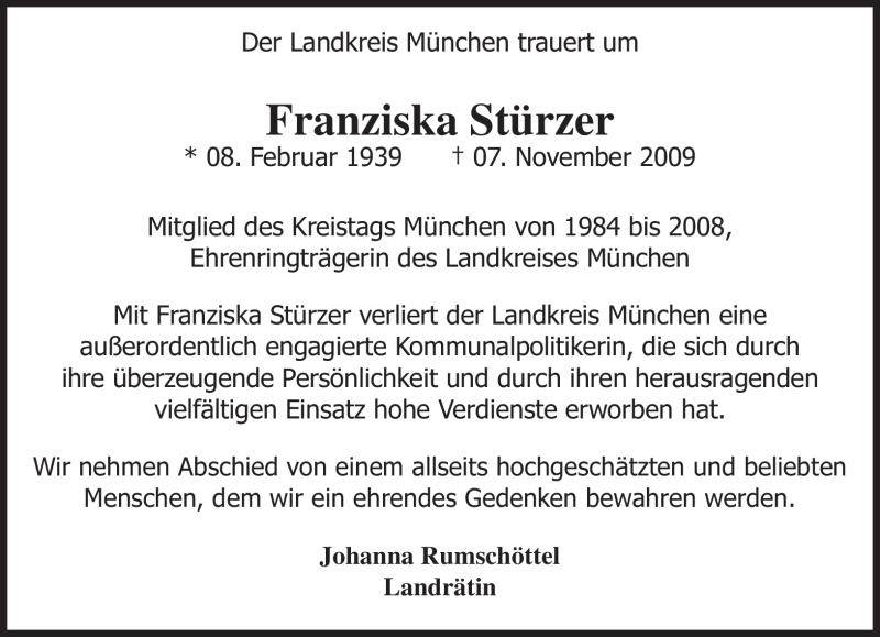  Traueranzeige für Franziska Stürzer vom 10.11.2009 aus MERKUR & TZ