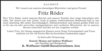 Traueranzeige von Fritz Röder von merkurtz
