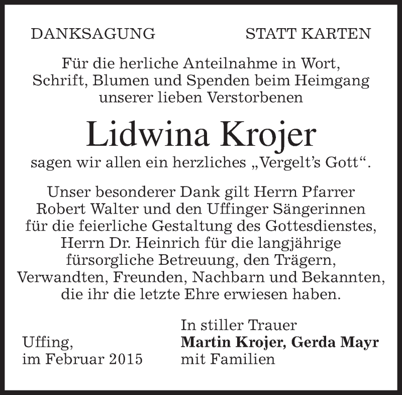  Traueranzeige für Lidwina Krojer vom 21.02.2015 aus merkurtz