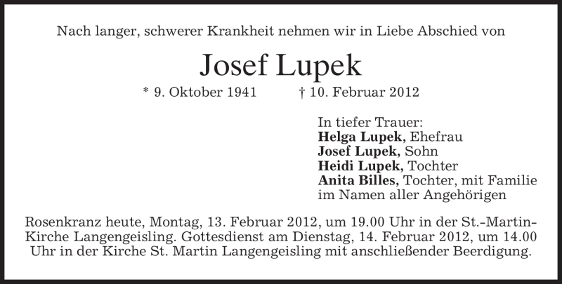  Traueranzeige für Josef Lupek vom 13.02.2012 aus MERKUR & TZ