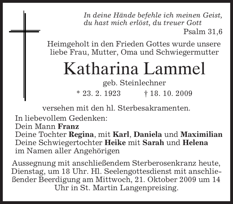 Traueranzeige für Katharina Lammel vom 20.10.2009 aus MERKUR & TZ