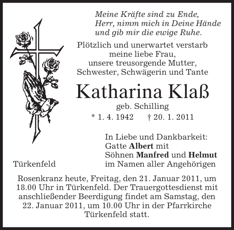 Traueranzeige für Katharina Klaß vom 21.01.2011 aus MERKUR & TZ