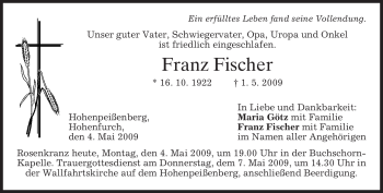 Traueranzeige von Franz Fischer von MERKUR & TZ