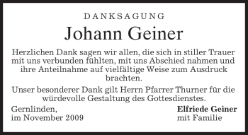 Traueranzeige von Johann Geiner von MERKUR & TZ