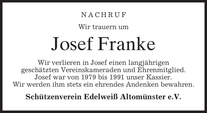  Traueranzeige für Josef Franke vom 10.02.2009 aus MERKUR & TZ