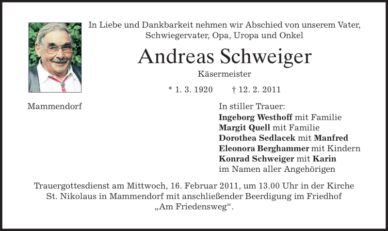  Traueranzeige für Andreas Schweiger vom 15.02.2011 aus MERKUR & TZ