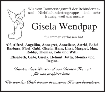Traueranzeige von Gisela Wendpap von MERKUR & TZ