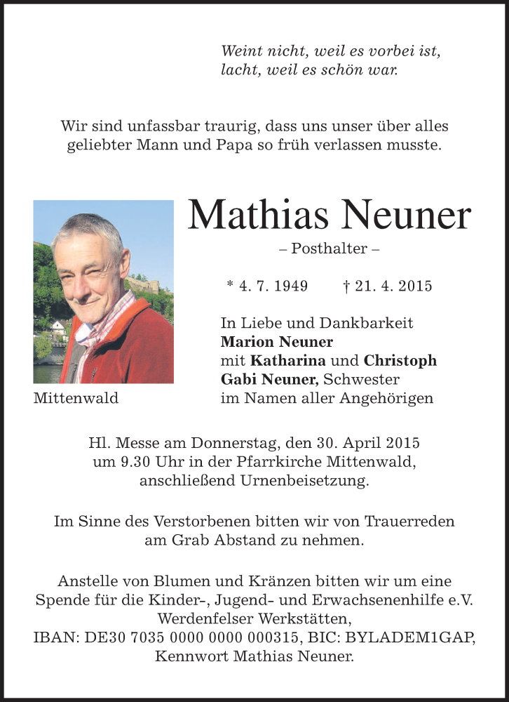  Traueranzeige für Mathias Neuner vom 25.04.2015 aus merkurtz