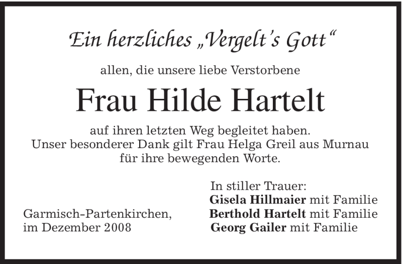  Traueranzeige für Hilde Hartelt vom 06.12.2008 aus MERKUR & TZ