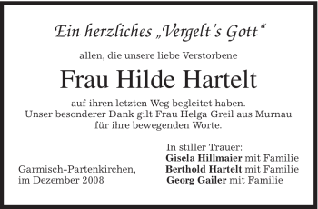 Traueranzeige von Hilde Hartelt von MERKUR & TZ