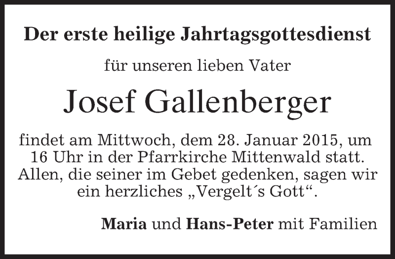  Traueranzeige für Josef Gallenberger vom 24.01.2015 aus merkurtz