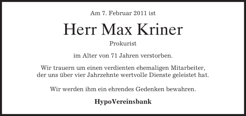  Traueranzeige für Max Kriner vom 11.02.2011 aus MERKUR & TZ