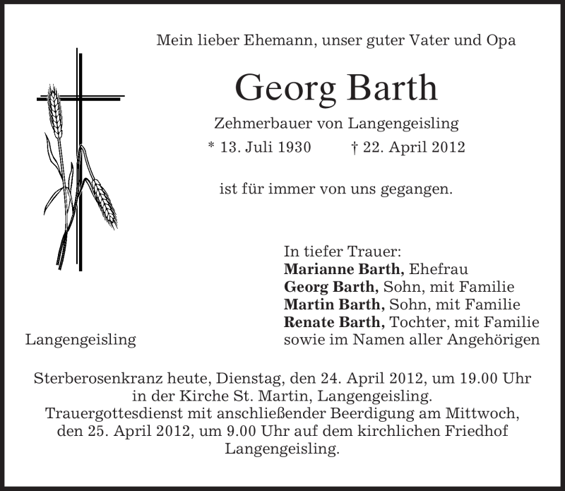  Traueranzeige für Georg Barth vom 24.04.2012 aus MERKUR & TZ