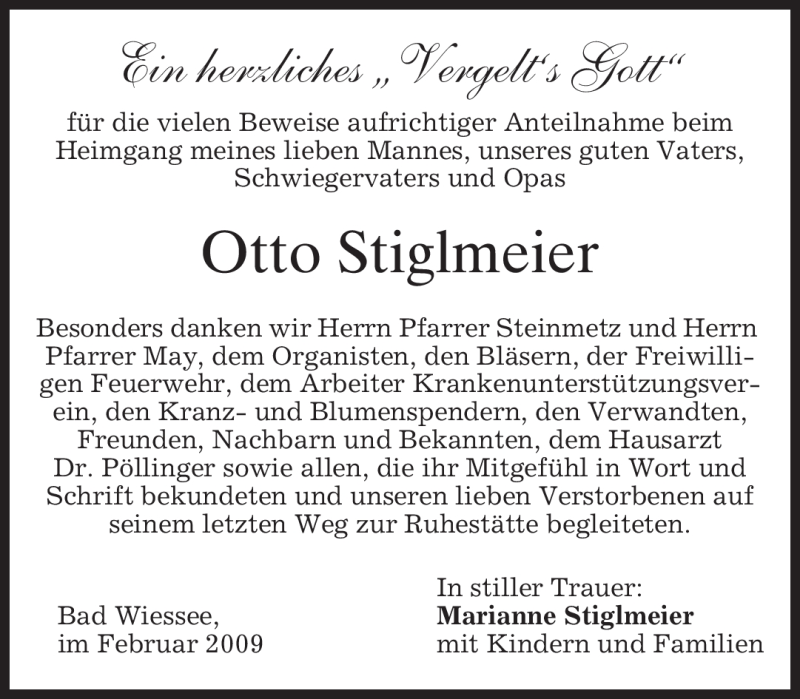  Traueranzeige für Otto Stiglmeier vom 21.02.2009 aus MERKUR & TZ